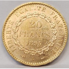 FRANCE 1895 A . TWENTY 20 FRANCS . GOLD COIN
